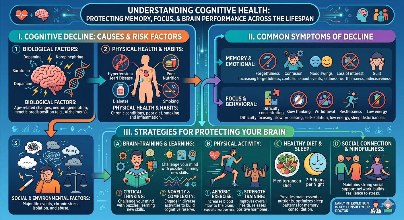 Infographic showing strategies to protect cognitive health, including memory, focus, brain performance, physical activity, nutrition, sleep, and healthy aging across the lifespan