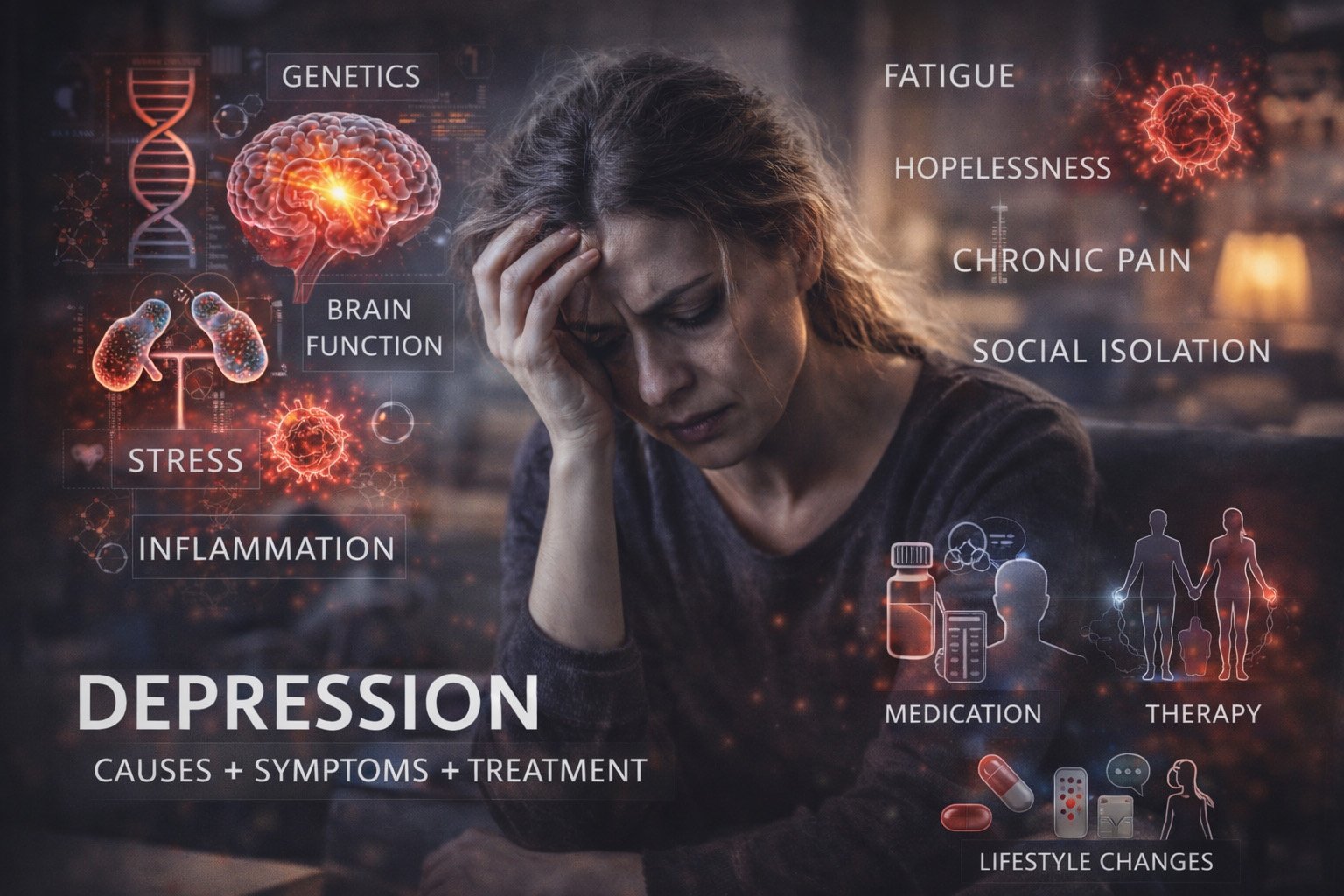 Woman experiencing depression with visual elements showing causes, symptoms, and treatment approaches including stress, inflammation, brain function, and therapy