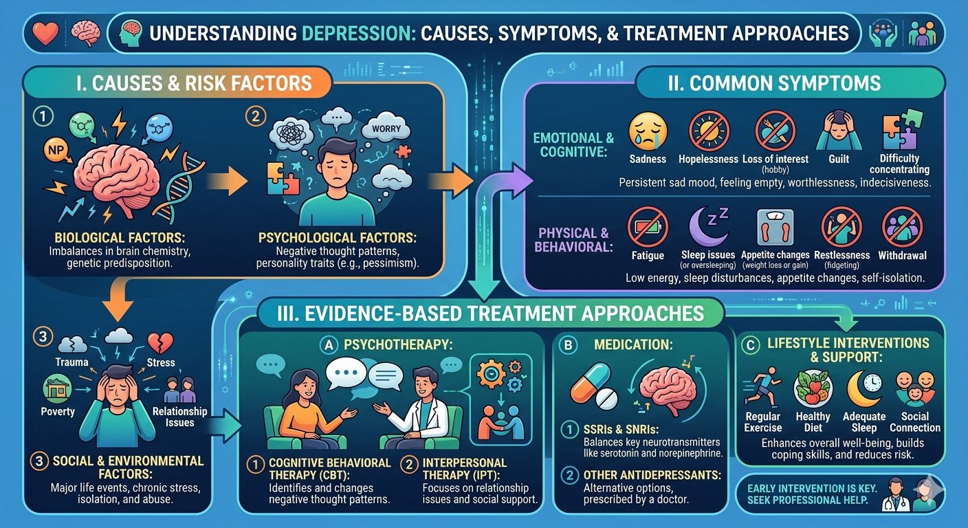 Infographic explaining the causes, symptoms, and evidence-based treatment approaches for depression, including brain function, stress, inflammation, and therapy options