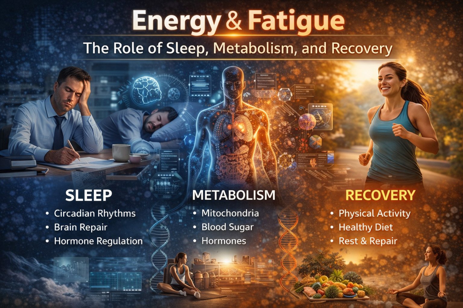 Energy and fatigue illustration showing the role of sleep, metabolism, and recovery in maintaining energy and preventing exhaustion