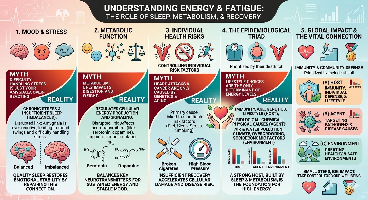 Energy and fatigue infographic showing how sleep, metabolism, and recovery affect energy levels, performance, and long-term health