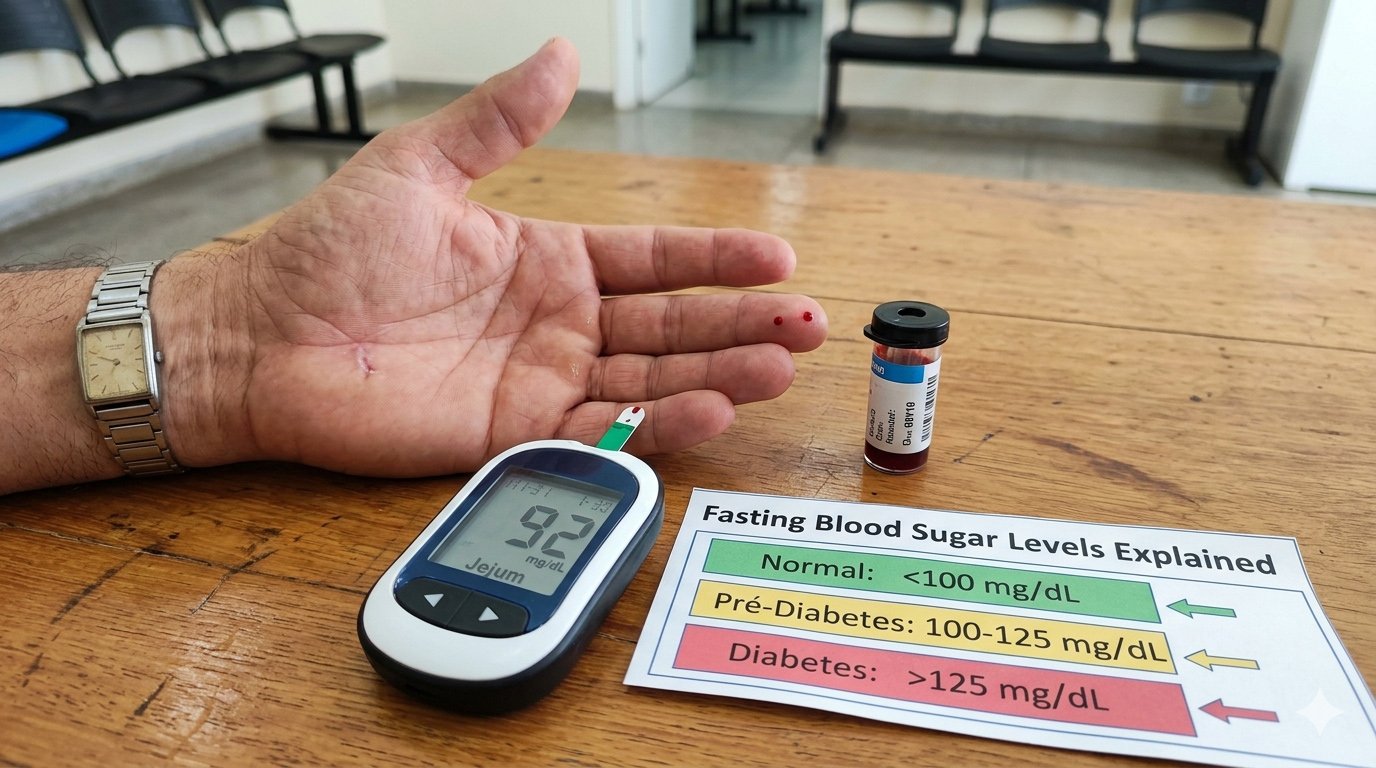 Glucose meter showing fasting blood sugar reading with normal and high glucose reference chart