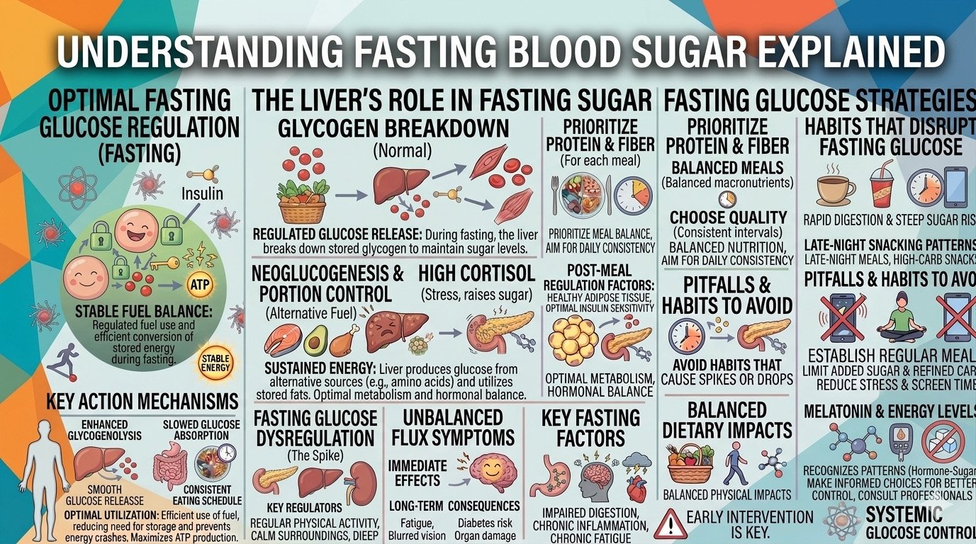 Fasting blood sugar infographic showing normal fasting glucose ranges and factors affecting morning blood sugar levels