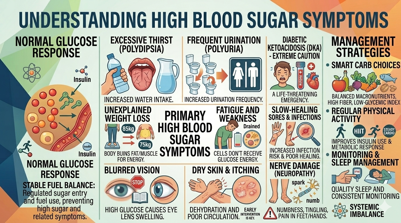Common high blood sugar symptoms and early warning signs of hyperglycemia infographic