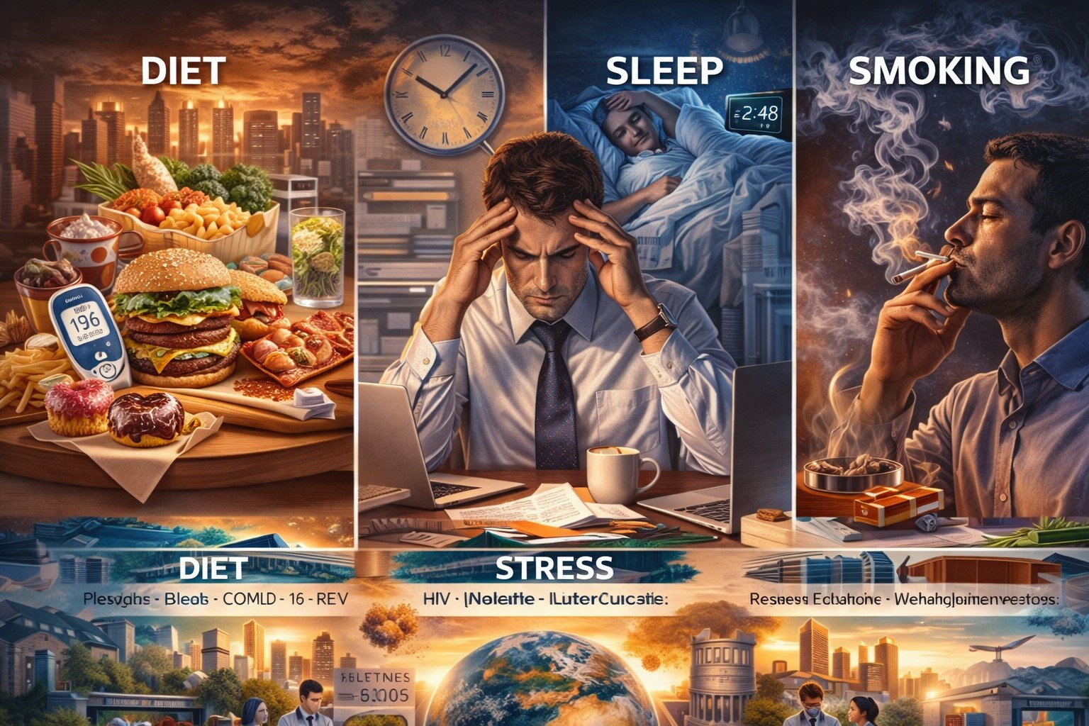 Illustration showing lifestyle-related health risks including unhealthy diet, sleep deprivation, chronic stress, and smoking affecting overall health