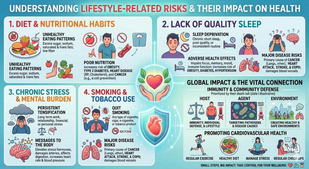 Infographic showing lifestyle-related health risks including poor diet, lack of sleep, chronic stress, and smoking and their impact on long-term health