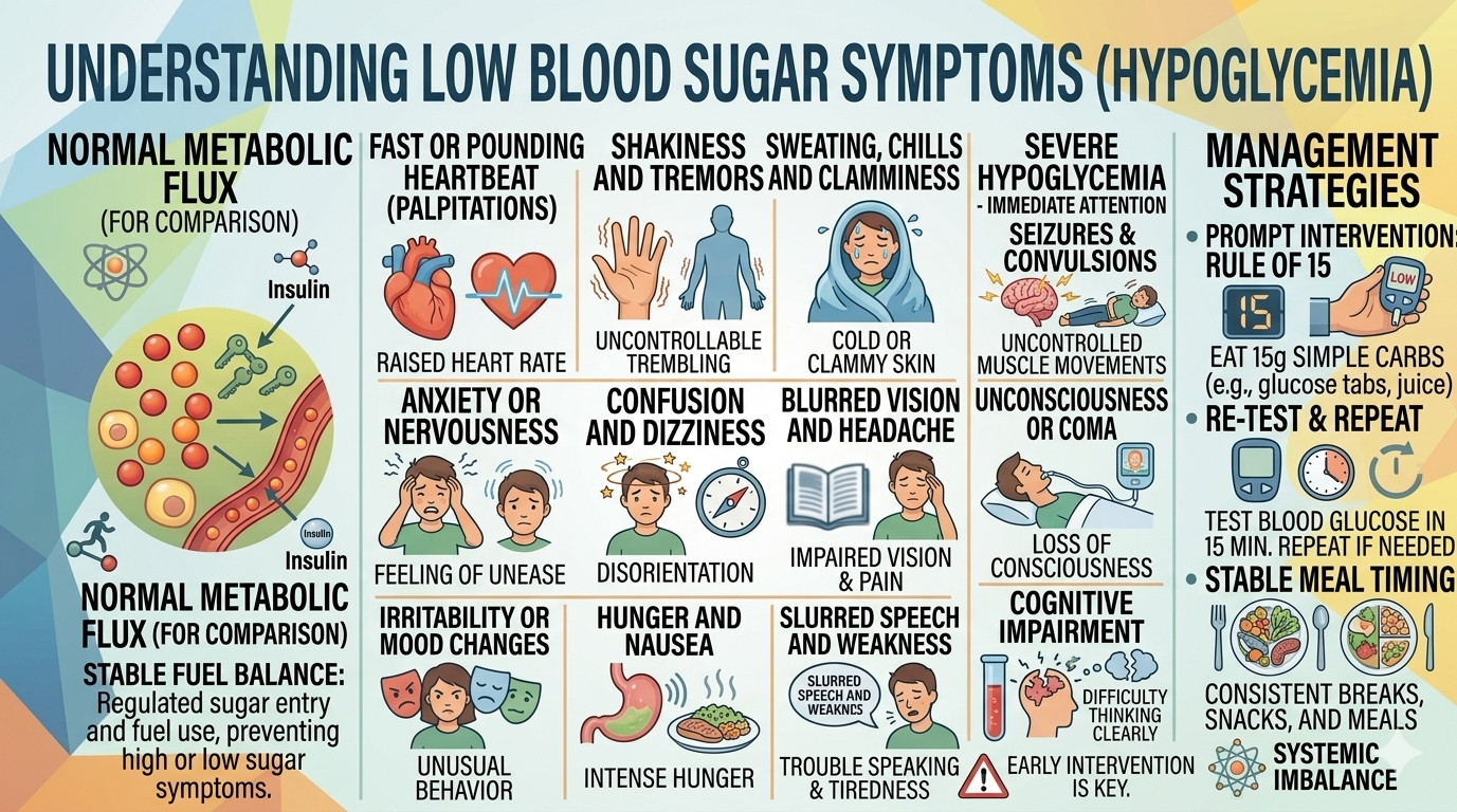 Common low blood sugar symptoms including shakiness, sweating, confusion, dizziness, and severe hypoglycemia warning signs