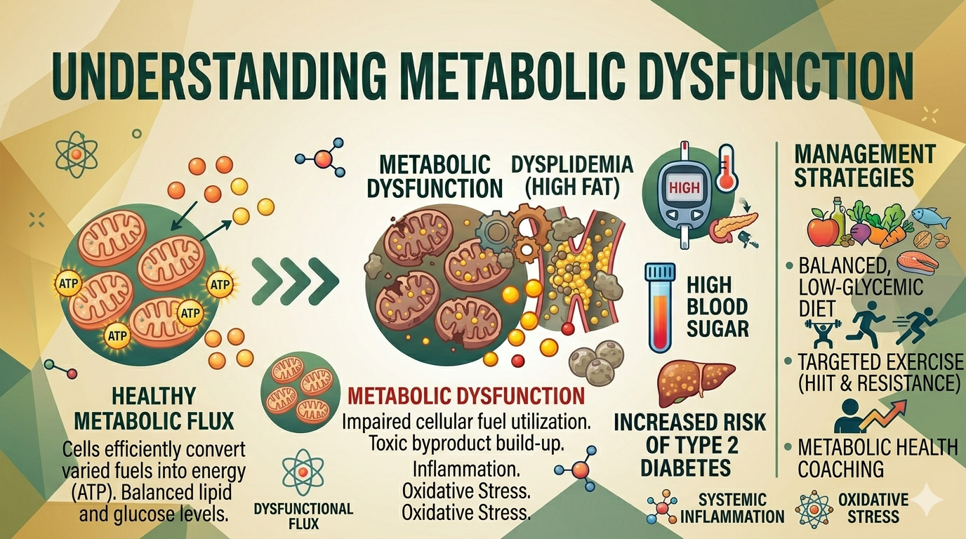 Metabolic dysfunction diagram showing impaired energy production, inflammation, high blood sugar, and increased risk of type 2 diabetes