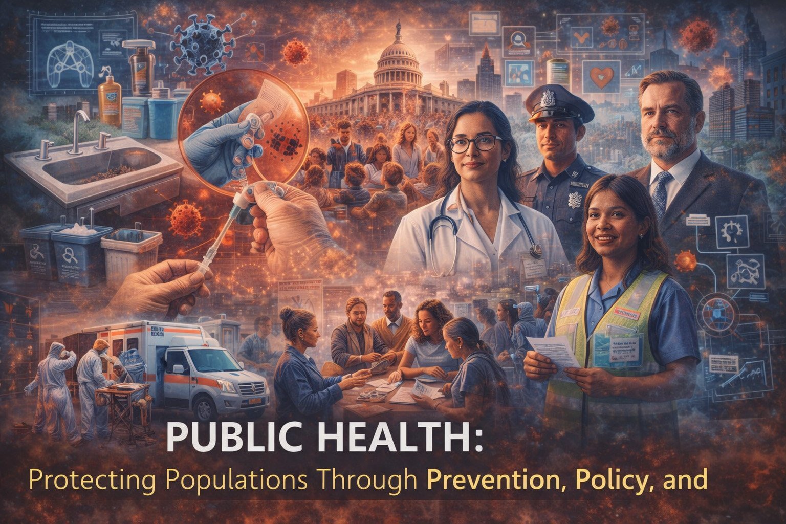 Public health professionals working together on vaccination, sanitation, emergency response, and community health programs to protect population health