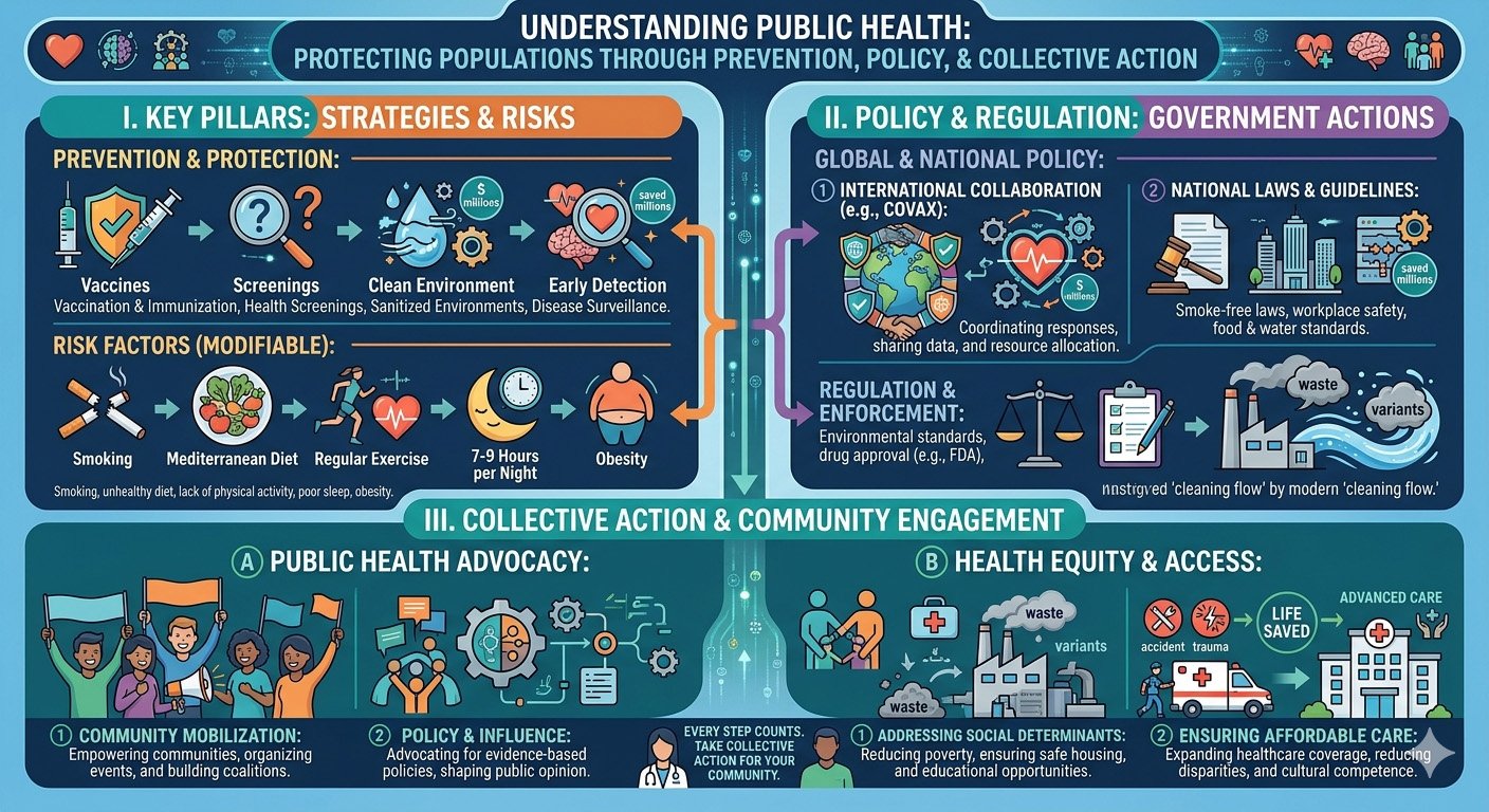 Infographic showing public health strategies such as vaccination, sanitation, disease prevention, health policy, and community health programs protecting populations