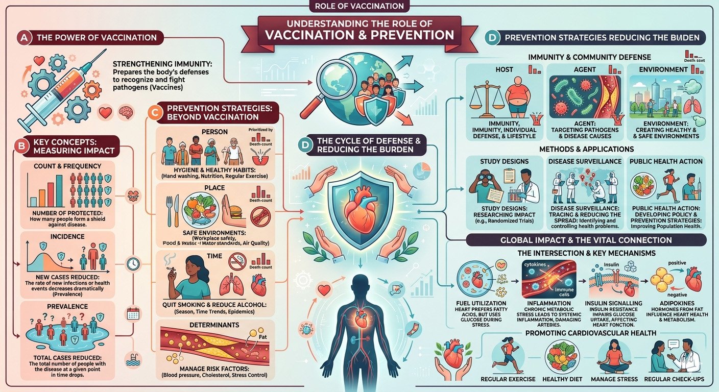 Infographic explaining the role of vaccination and prevention in public health, including immunization benefits, herd immunity, and disease prevention strategies