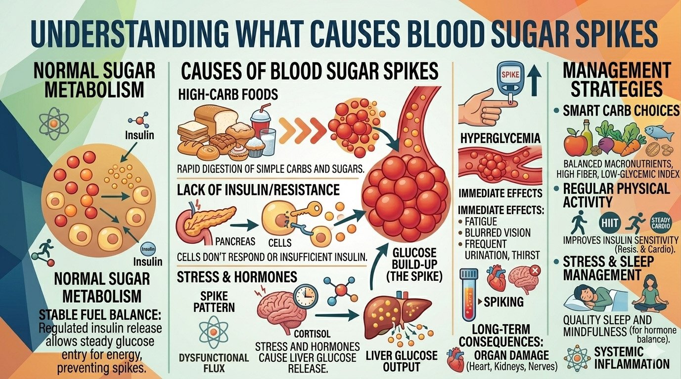 Diagram showing common causes of blood sugar spikes including diet, stress, poor sleep, and insulin resistance