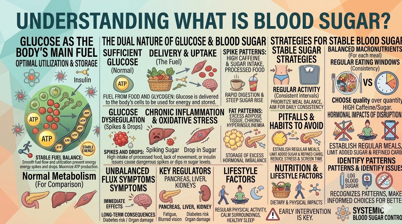 Understanding what blood sugar is infographic explaining glucose levels, insulin function, and how the body uses sugar for energy
