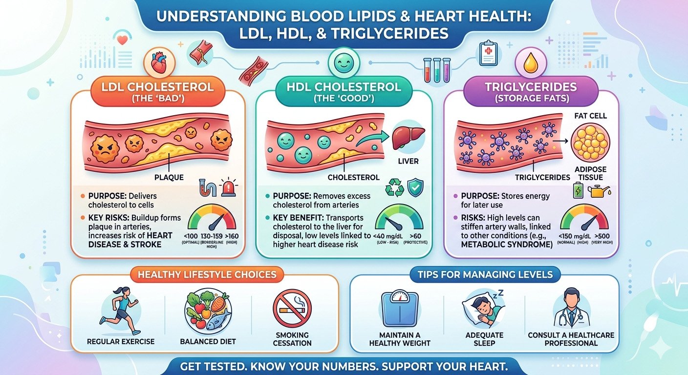 Blood lipids infographic showing LDL, HDL, and triglycerides roles in heart health and cholesterol balance