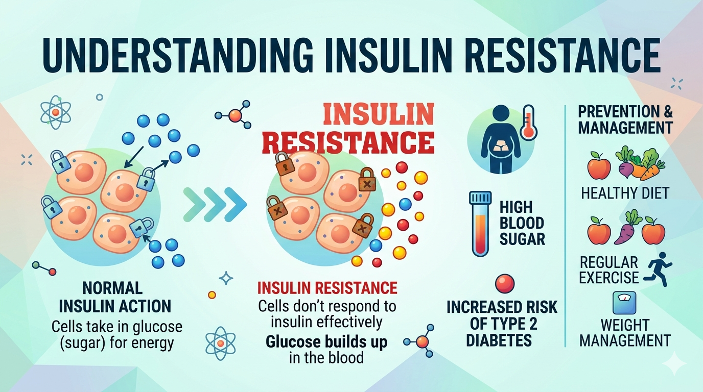 Diagram explaining insulin resistance showing how cells respond poorly to insulin, leading to glucose buildup in the blood and increased risk of type 2 diabetes
