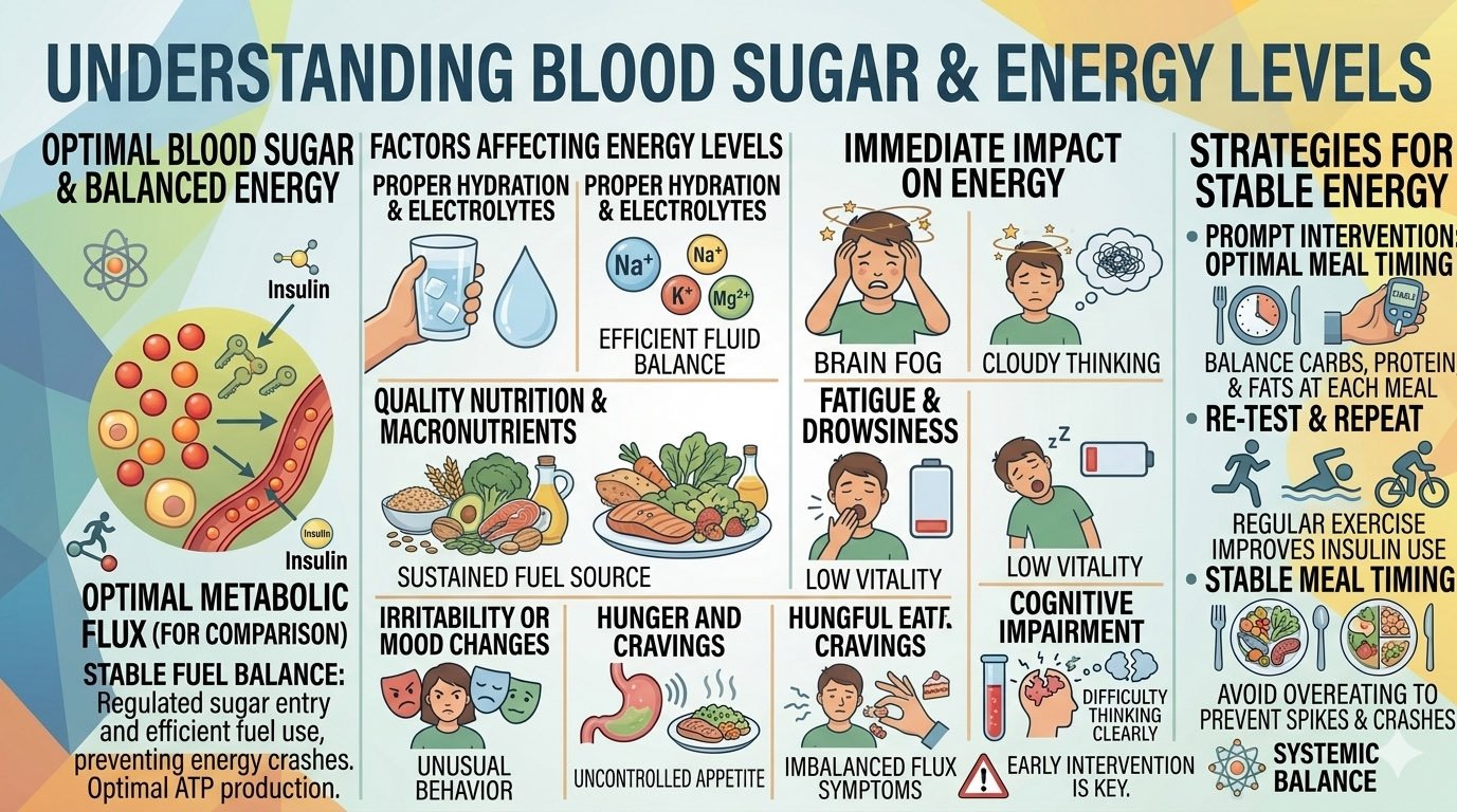 Understanding blood sugar and energy levels chart showing glucose balance, metabolism, and energy stability