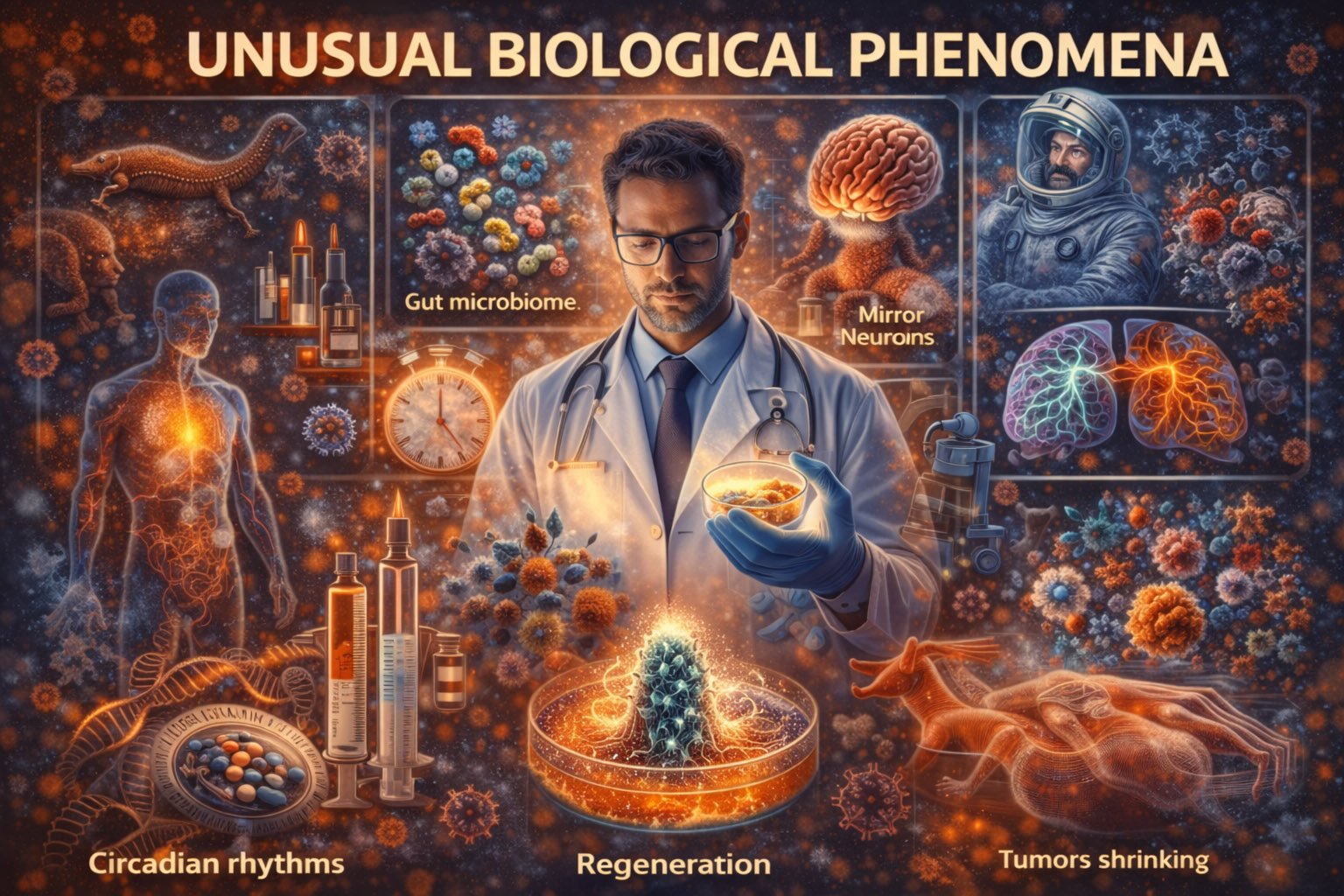 Illustration showing unusual biological phenomena including regeneration, microbiome activity, circadian rhythms, and rare biological processes in humans