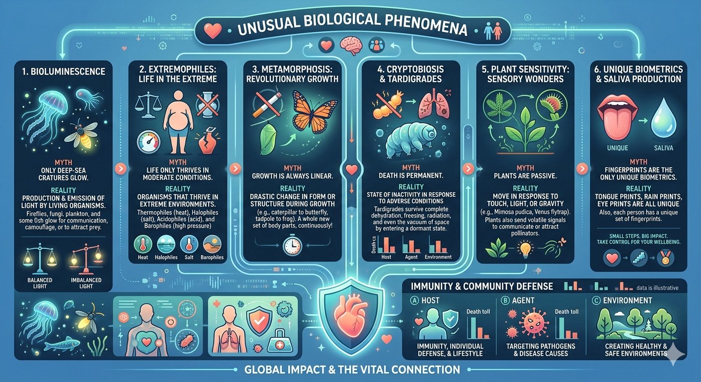 Infographic showing unusual biological phenomena such as regeneration, circadian rhythms, microbiome activity, and rare biological processes