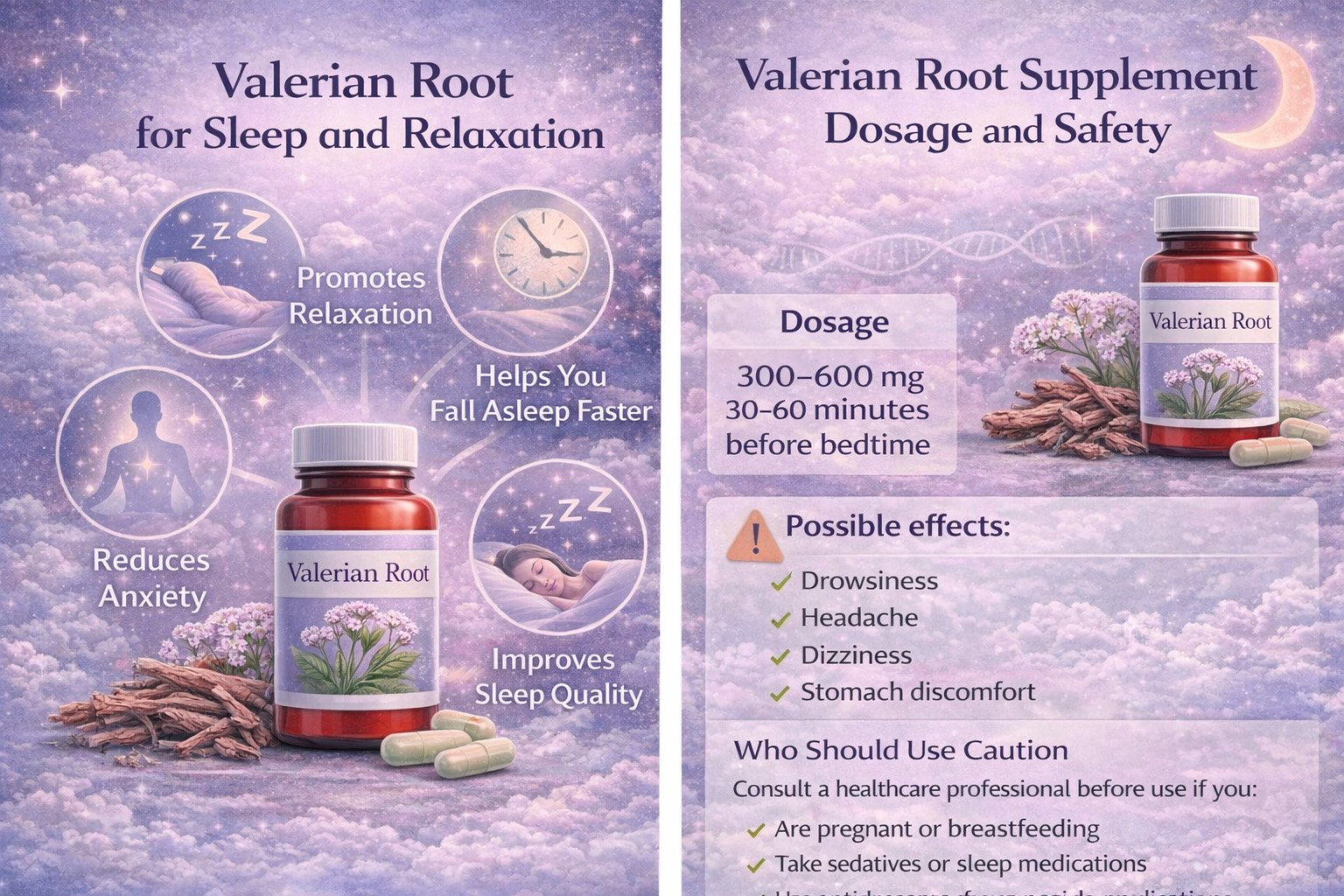 Valerian root for sleep infographic showing benefits, recommended dosage, and safety information for sleep support