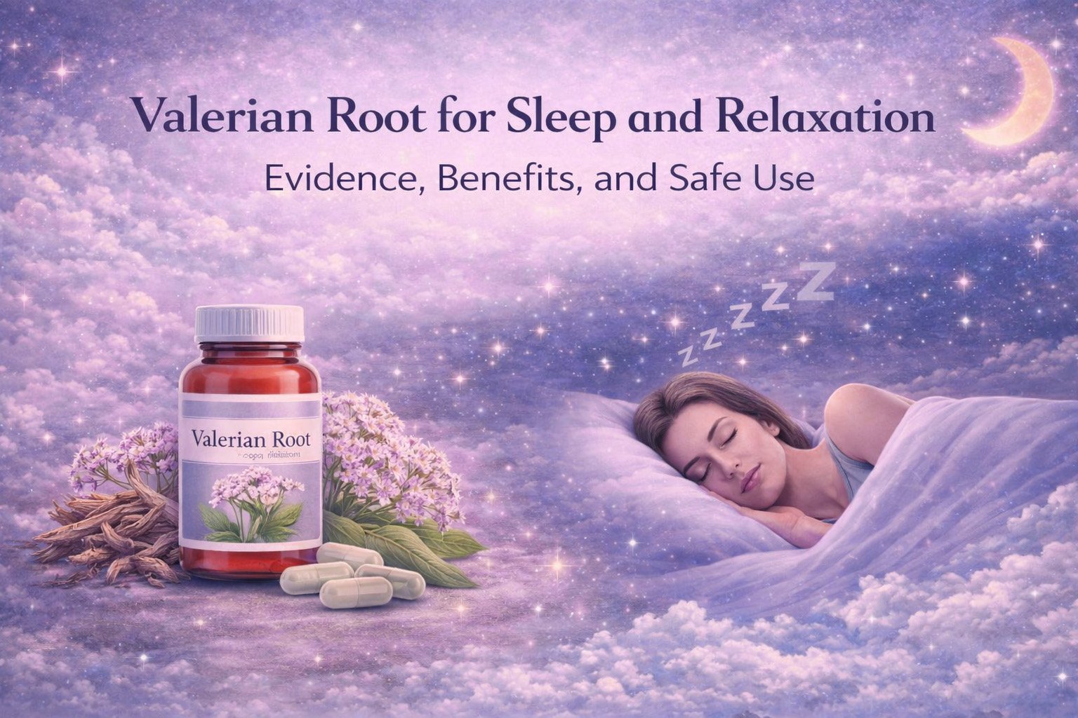 Valerian root supplement for sleep and relaxation illustration showing capsules and a person sleeping peacefully at night
