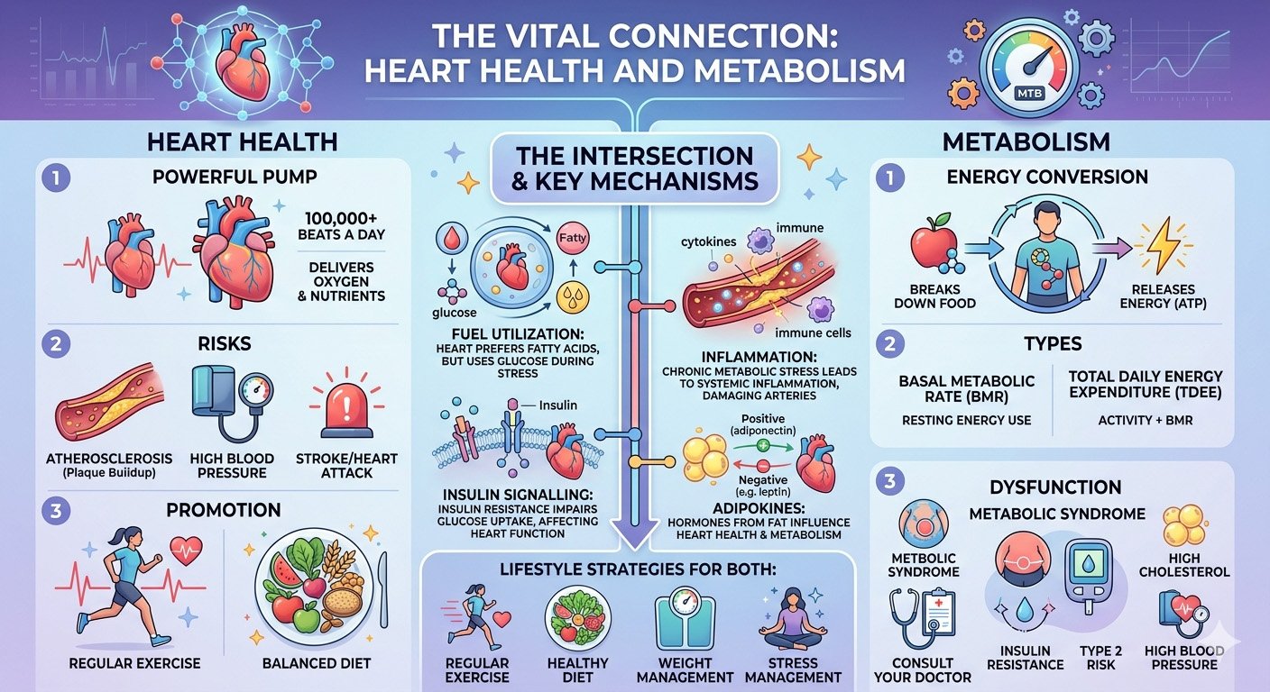 Infographic showing the connection between metabolism and heart health including energy balance, blood sugar, and cardiovascular function