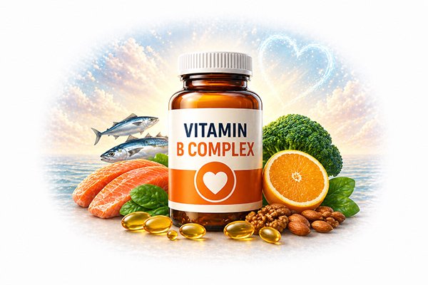 Vitamin B Complex supplement bottle with healthy foods representing energy production, metabolism support, and overall wellness