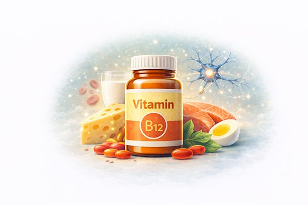 Vitamin B12 supplement bottle with eggs, cheese, and salmon, illustrating essential nutrients for nerve health and energy.