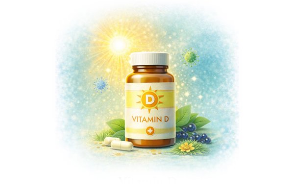 Bottle of vitamin D supplement representing immune support, bone health, and overall wellness