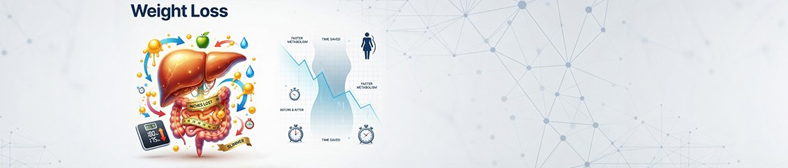 Weight loss illustration showing the digestive system, healthy diet, and body composition for metabolic health
