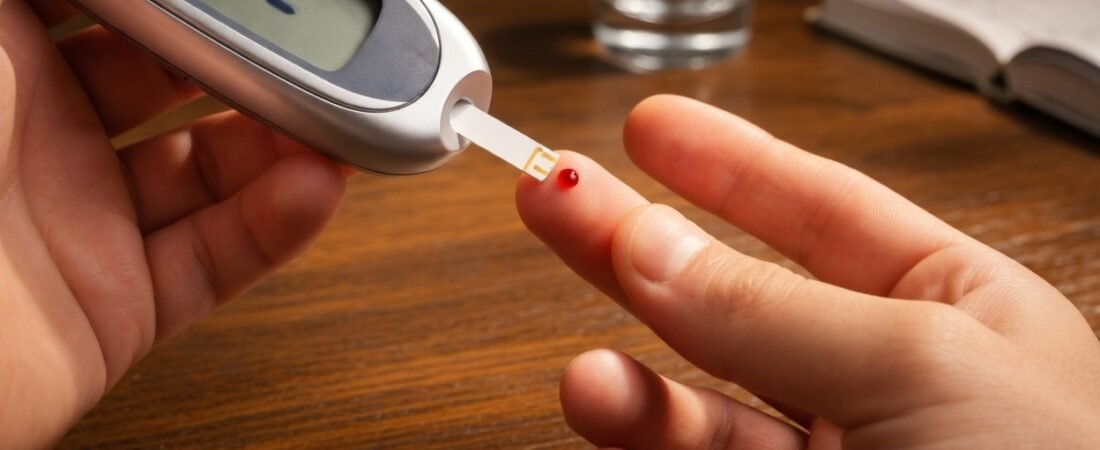Person using a glucometer to measure blood sugar levels with a finger prick test at home