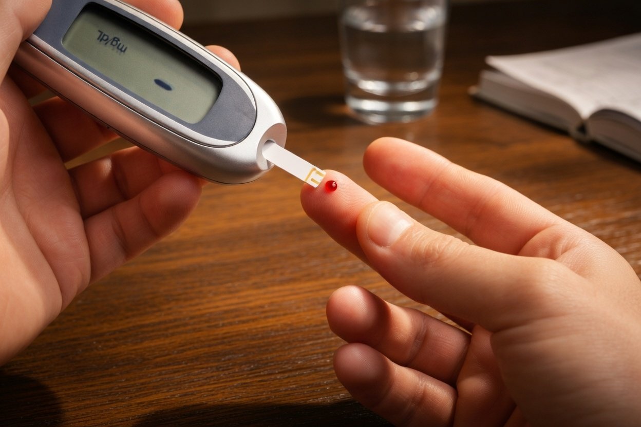 Person using a glucometer to measure blood sugar levels with a finger prick test at home