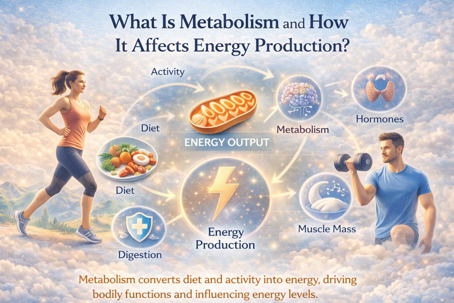 Infographic explaining what metabolism is and how it affects energy production, showing exercise, diet, hormones, digestion, and muscle mass factors