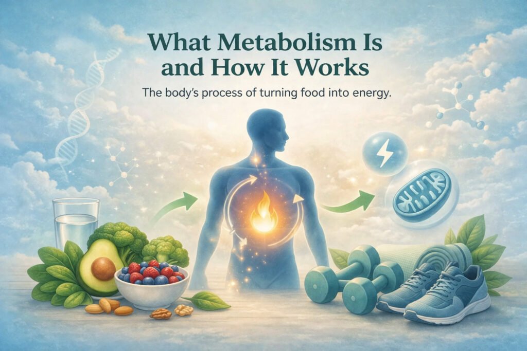 Illustration showing how metabolism works in the human body converting food into energy through metabolic processes