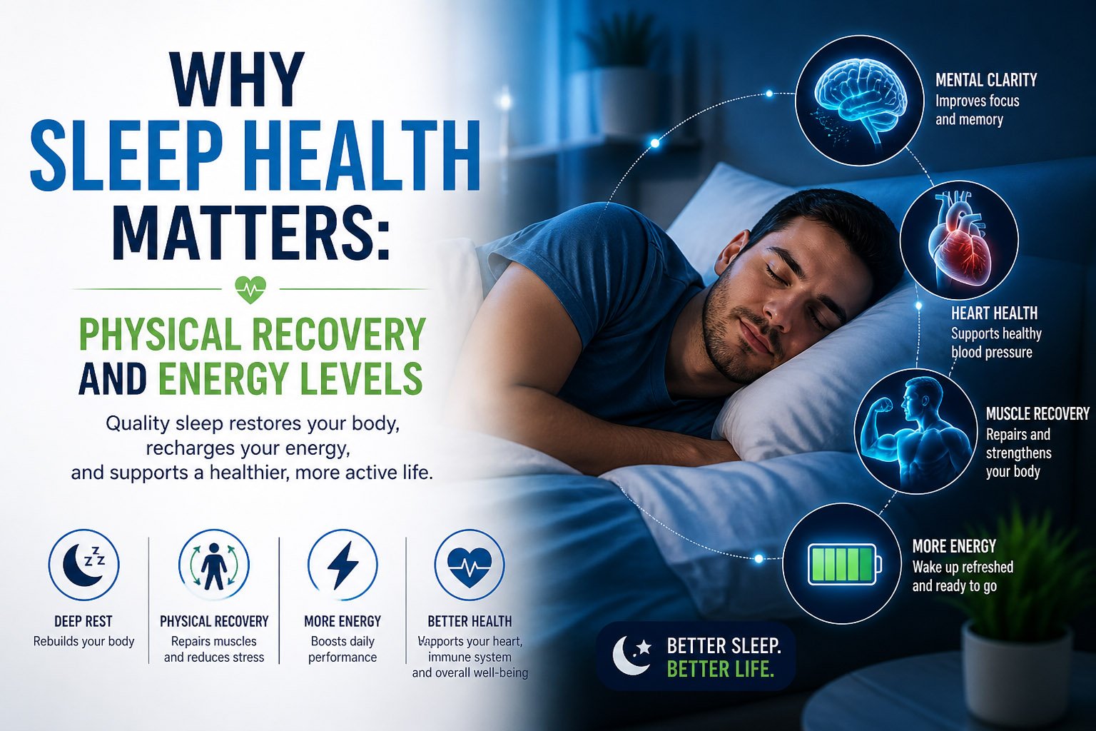 Illustration showing a person sleeping and the connection between sleep health, physical recovery, muscle repair, and energy levels for overall health and daily performance