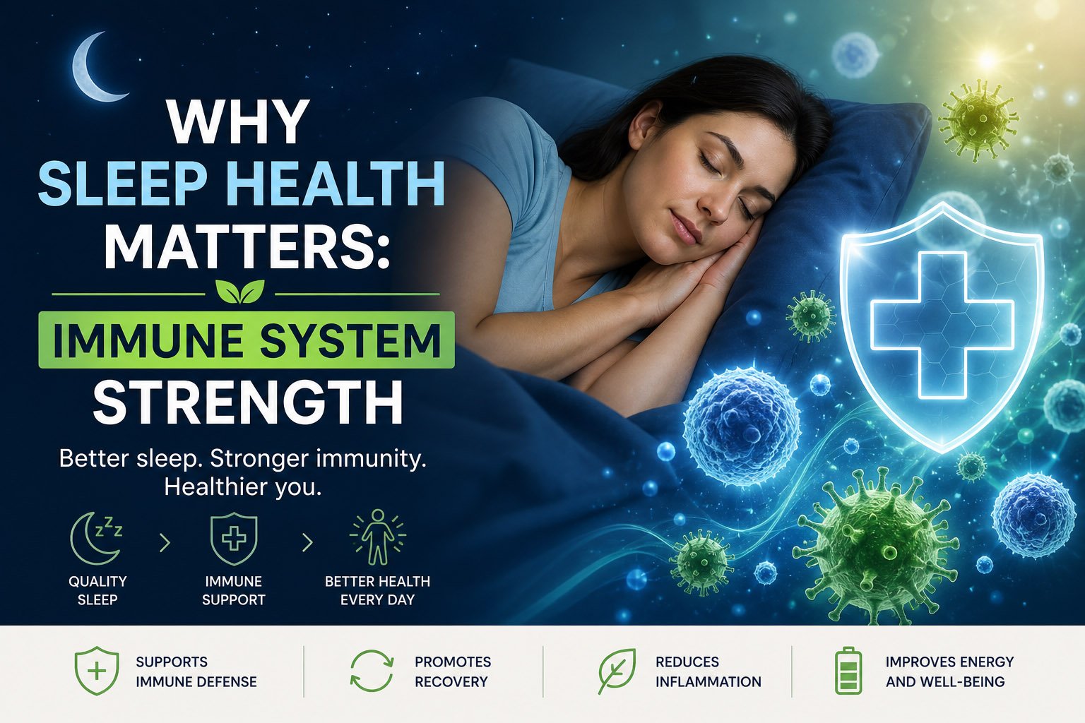Illustration showing a person sleeping and the connection between sleep quality and immune system strength, including immune cells and protective health symbols