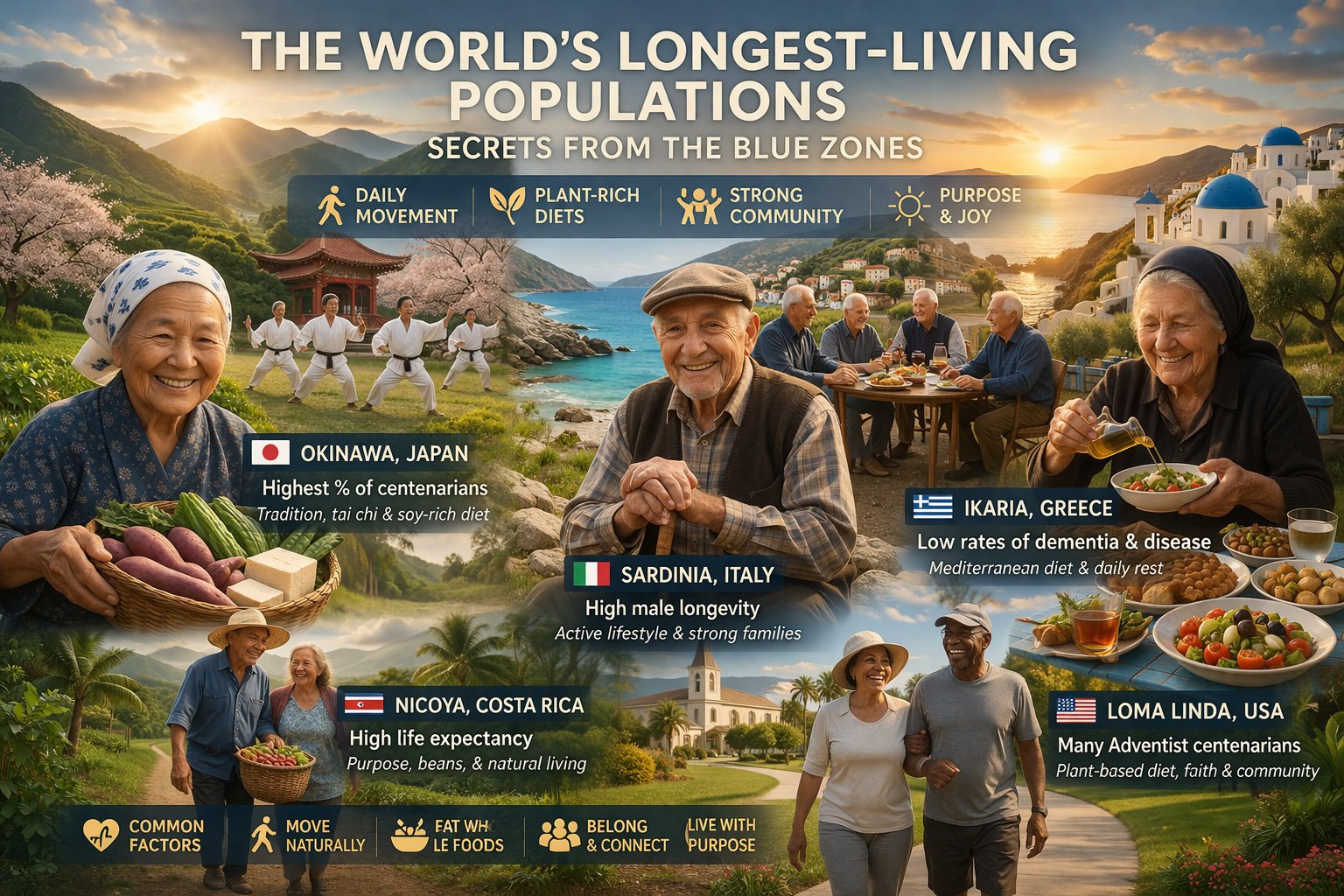 Illustration showing the world’s longest-living populations in blue zones including Okinawa, Sardinia, Nicoya, and Ikaria with healthy aging lifestyles