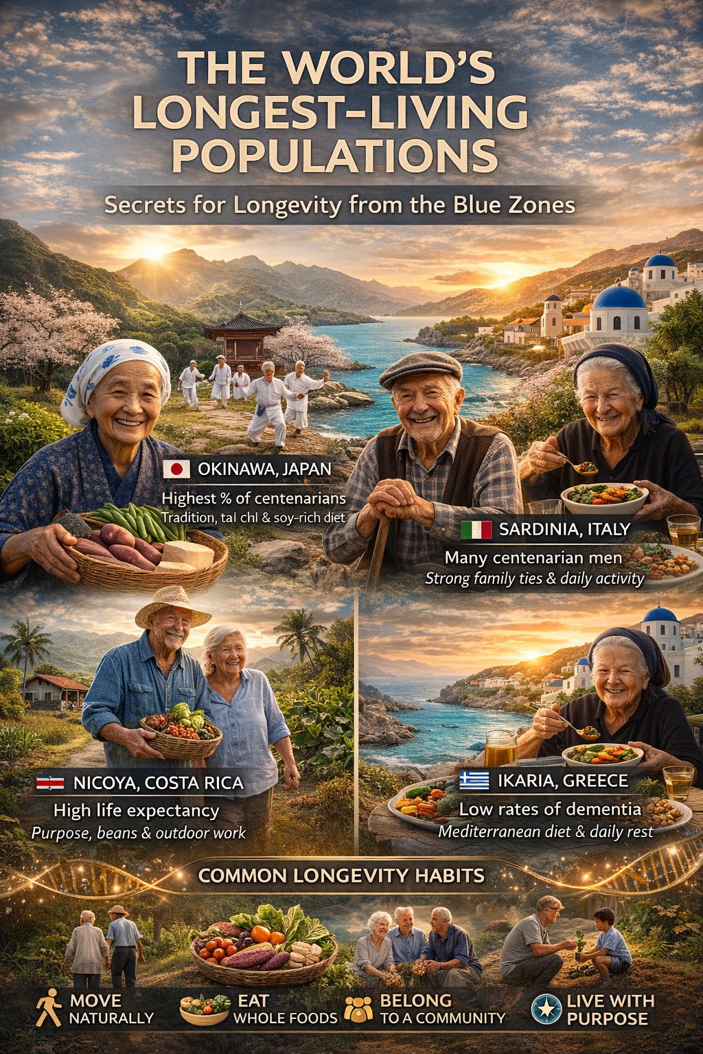 Infographic showing the world’s longest-living populations in blue zones including Okinawa, Sardinia, Nicoya, Ikaria, and Loma Linda with healthy aging lifestyles
