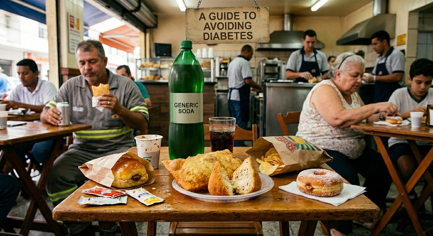 People eating fast food and sugary drinks at a restaurant, illustrating foods that can cause blood sugar spikes