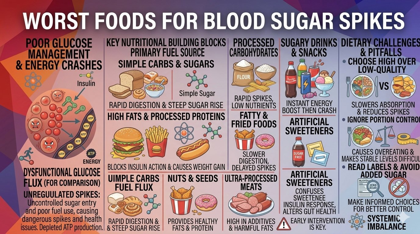 Worst foods for blood sugar spikes infographic showing sugary drinks, refined grains, sweets, and processed foods that raise glucose levels