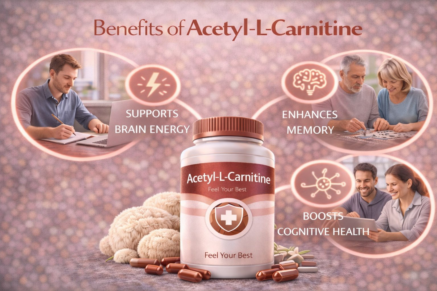 Infographic showing key benefits of acetyl-L-carnitine including brain energy support, memory improvement, cognitive performance, and mental clarity