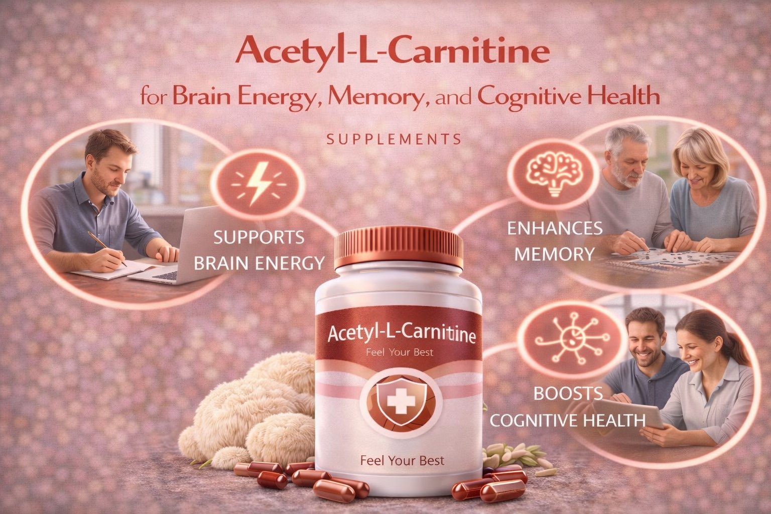 Acetyl-L-carnitine supplement infographic showing benefits for brain energy, memory support, cognitive function, and mental performance