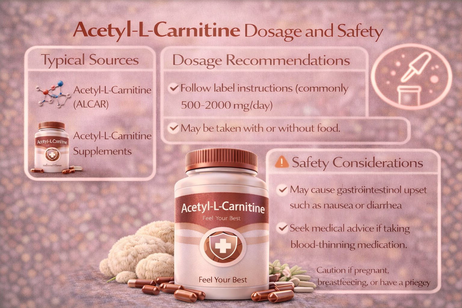 Infographic showing acetyl-L-carnitine dosage recommendations, safety guidelines, and proper supplement use for brain energy and cognitive support