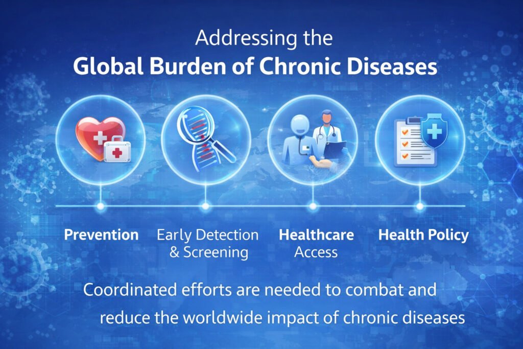 Strategies to address the global burden of chronic diseases including prevention, screening, healthcare access, and health policy