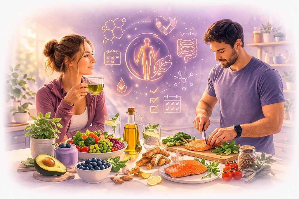 Young adults preparing anti-inflammatory foods and following healthy lifestyle habits to reduce inflammation and support long-term health