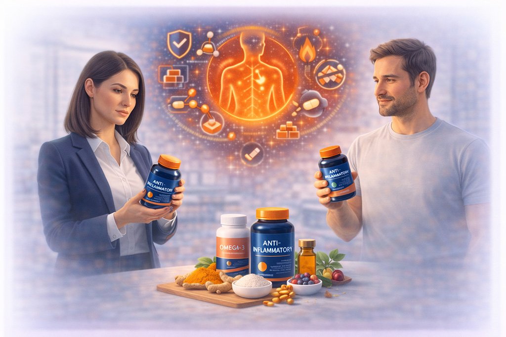 Woman with straight black hair and a man holding anti-inflammatory supplements with ingredients and symbols representing inflammation reduction and immune support