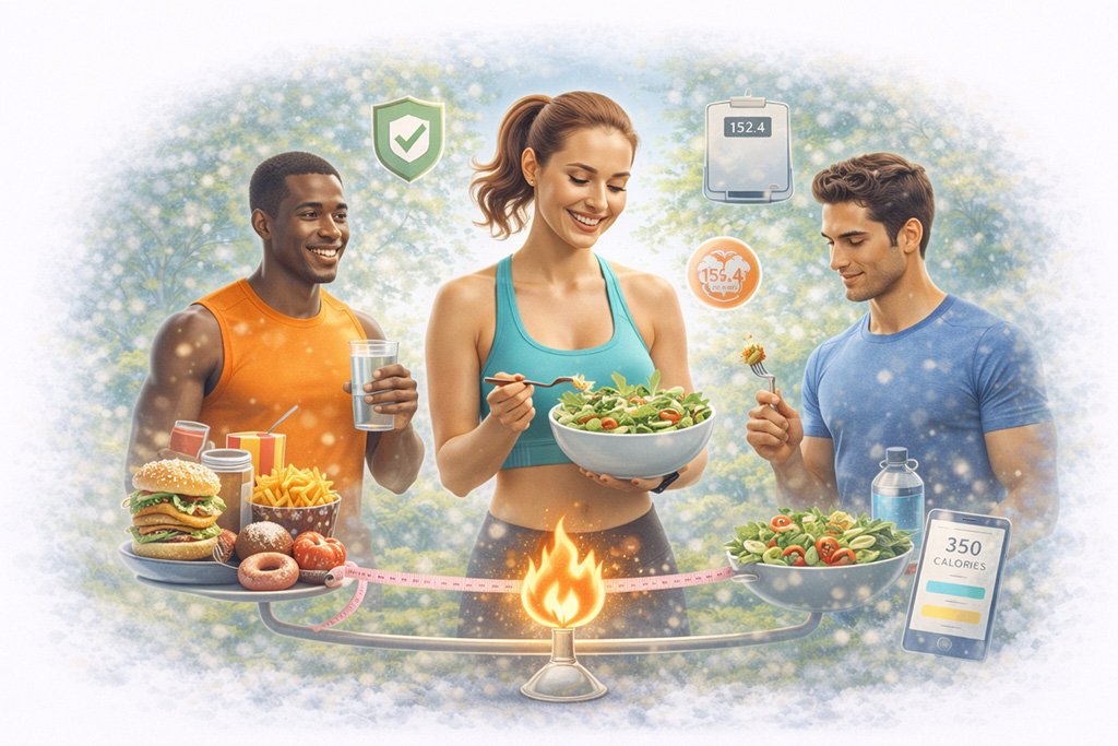Appetite control concepts including healthy food choices, portion balance, and hunger regulation