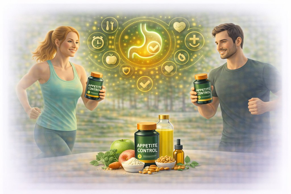 Active adults exercising while using appetite control supplements with ingredients that support satiety and healthy eating habits