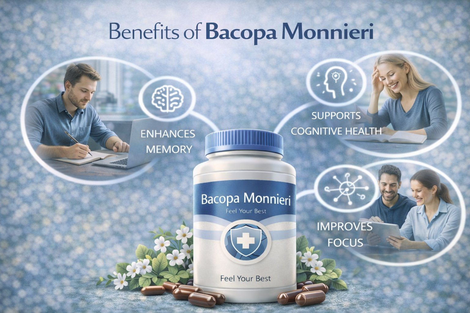 Infographic showing key benefits of Bacopa monnieri including memory support, improved focus, cognitive performance, and mental clarity