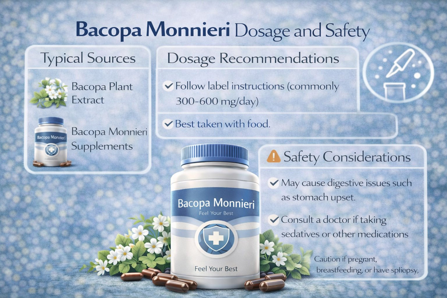 Infographic showing Bacopa monnieri dosage recommendations, safety guidelines, and proper supplement use for memory and cognitive support