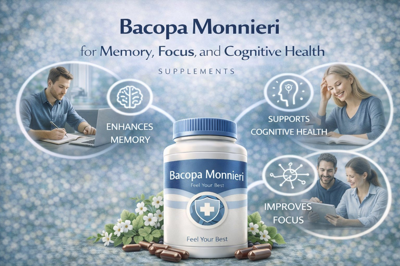 Bacopa monnieri supplement infographic showing benefits for memory improvement, focus, cognitive function, and mental performance